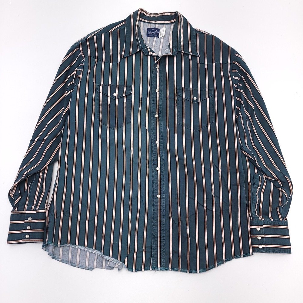 Vtg Wrangler Brushpopper Pearl Snap 2XL Green Striped Western Rodeo Cowboy 90's